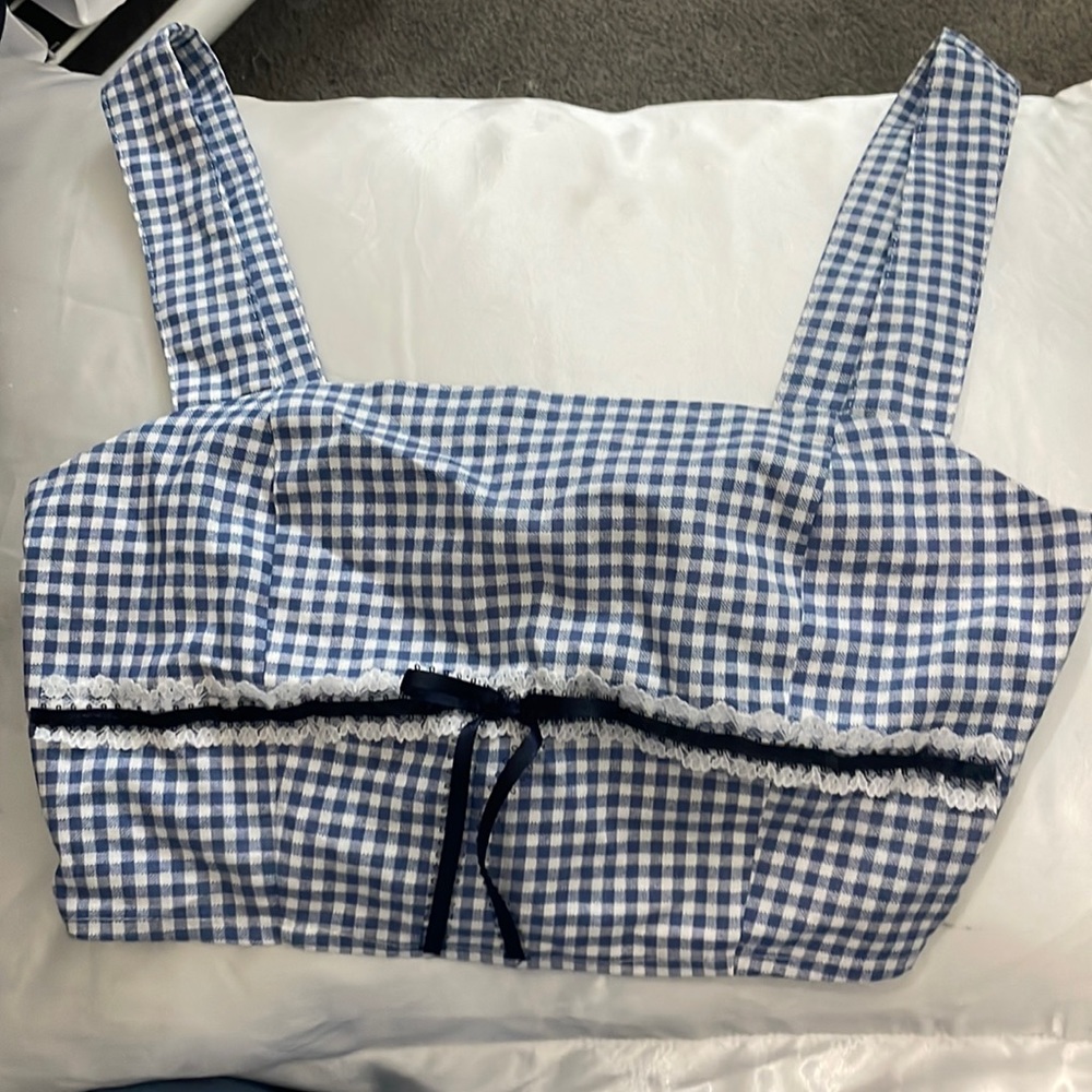 danty gingham blue shirt with ribbon